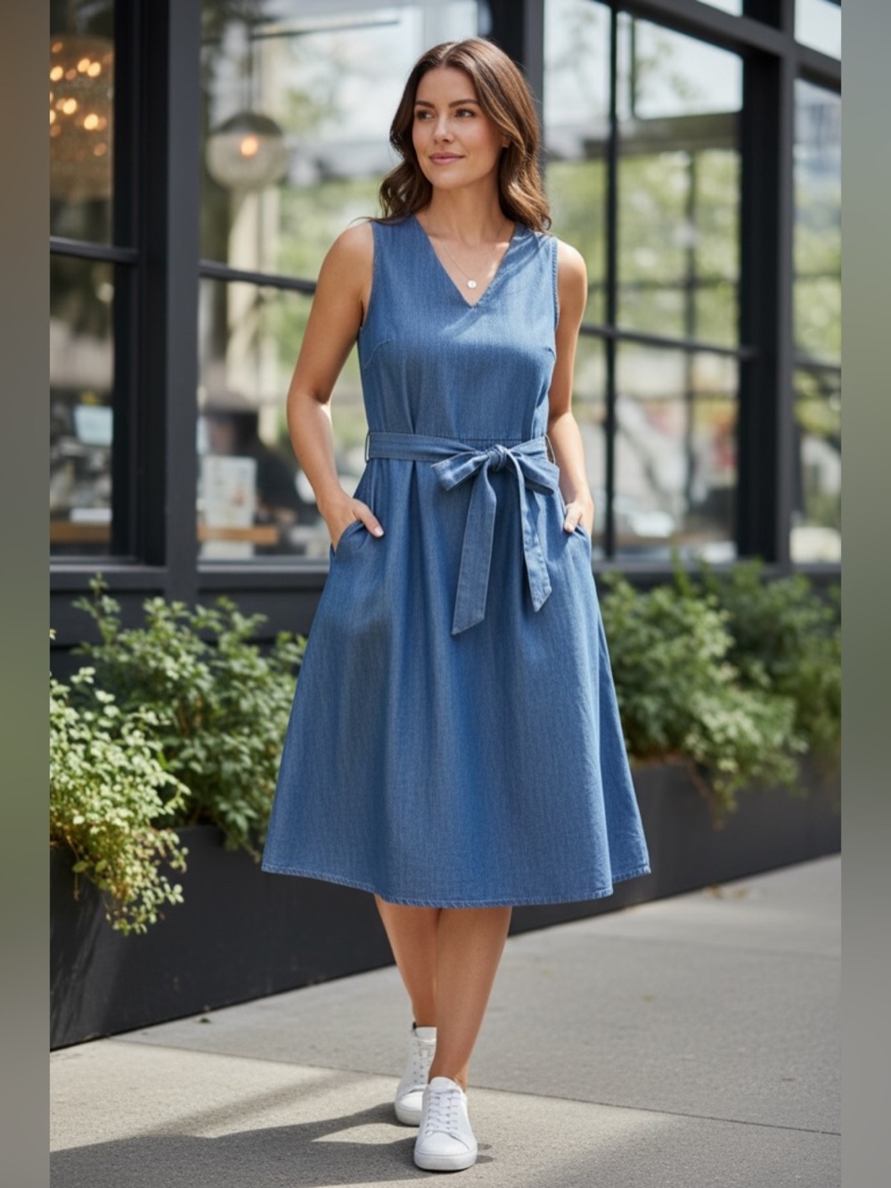 100% LL BEAN SIGNATURE V NECK CHMBRY DRESS SZ 4 WOMEN